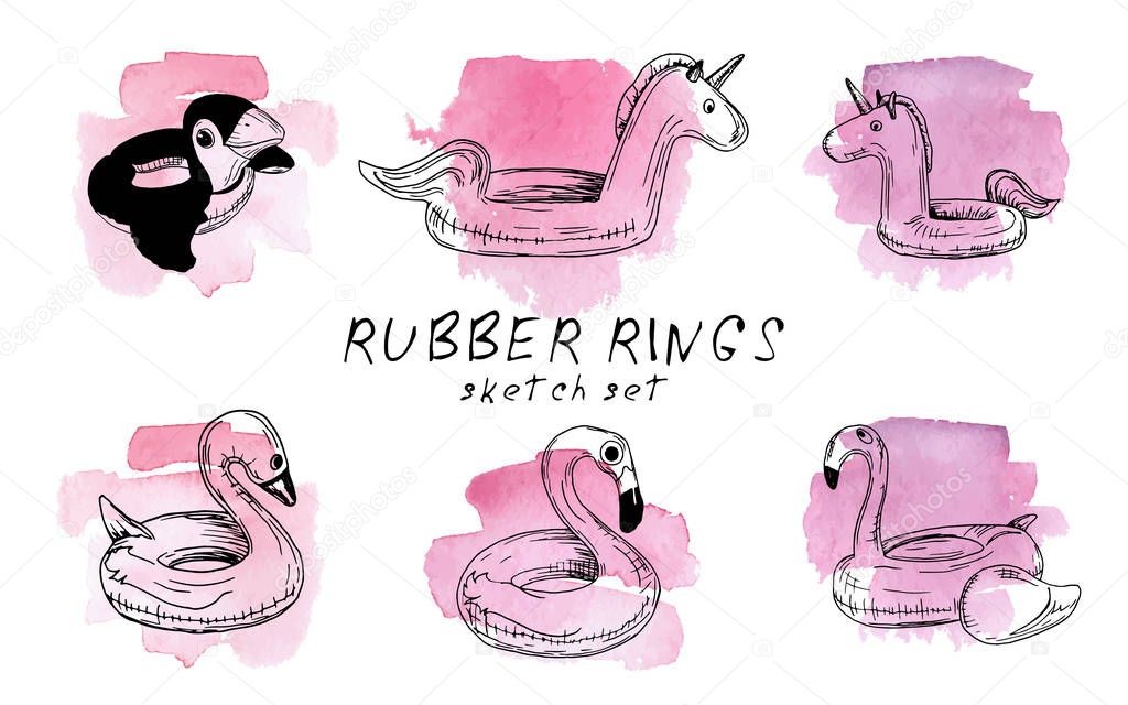Vector illustration. Pen style drawn rubber rings on watercolor background.