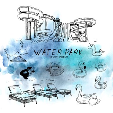 Vector illustration. Vector objects on water park theme. Watercolor style background on back. clipart