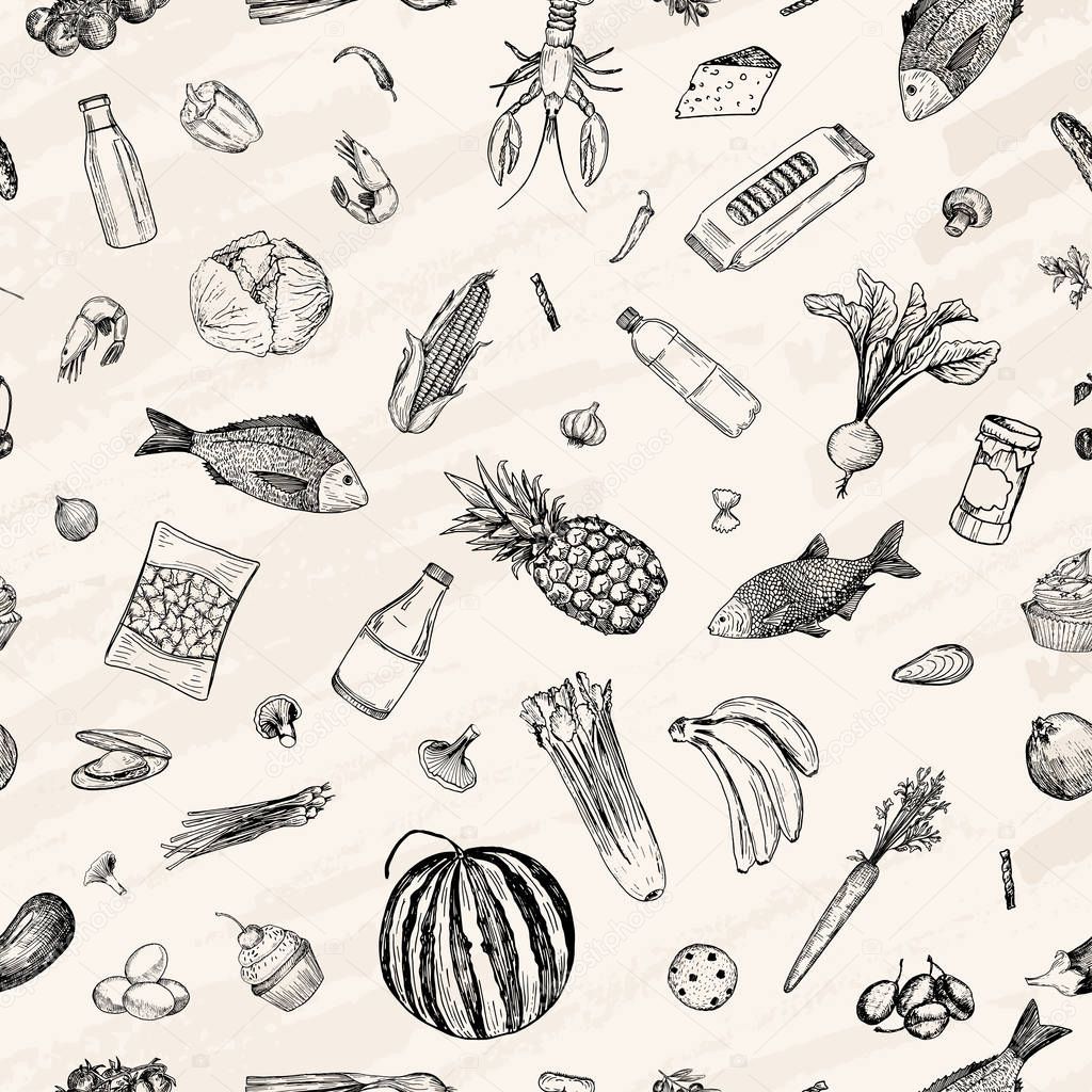 Vector illustration. Sketch drawn products seamless pattern. Pen style vector objects.