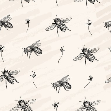 Vektör seamless modeli. Arılar ve çiçekler. Craft kağıt arka plan. Kalem stil sketch vektör.