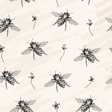 Vektör seamless modeli. Arılar ve çiçekler. Craft kağıt arka plan. Kalem stil sketch vektör.