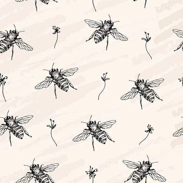 Vektör seamless modeli. Arılar ve çiçekler. Craft kağıt arka plan. Kalem stil sketch vektör.