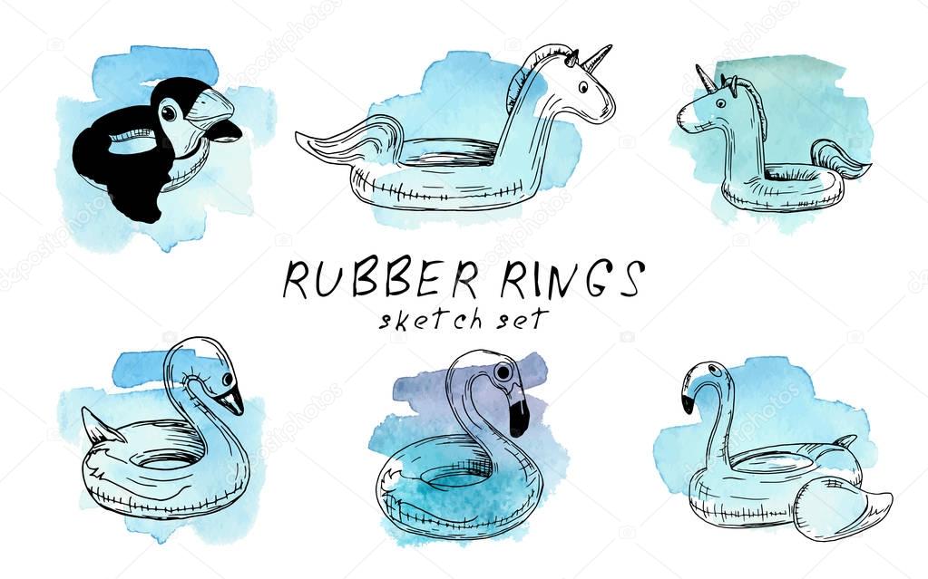 Vector illustration. Pen style drawn rubber rings on watercolor background.