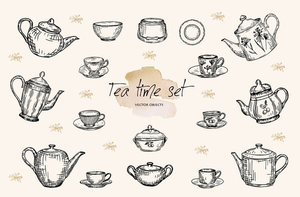 Vector illustration. Pen style vector sketch. Tea pots, cups and sugar bowls. Porcelain hand drawn set.