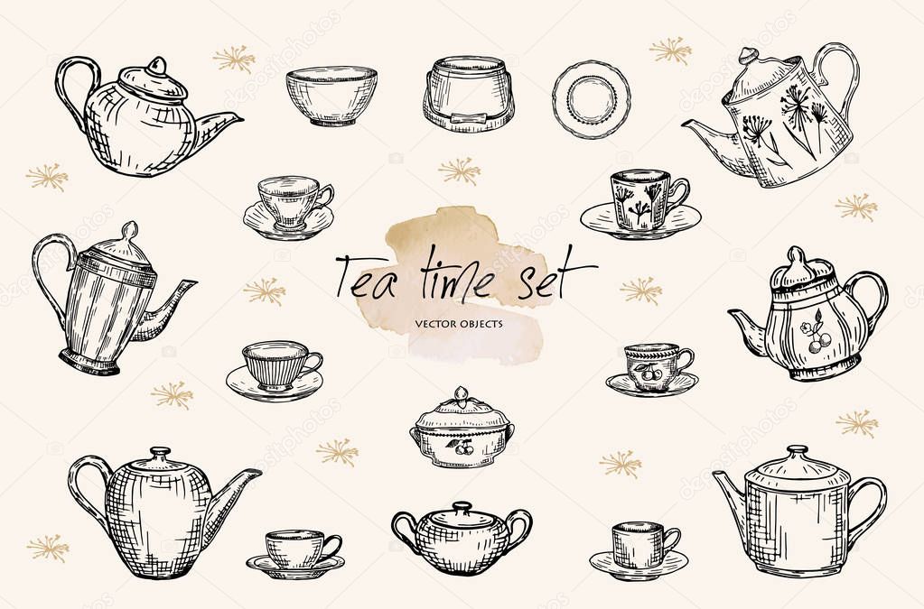 Vector illustration. Pen style vector sketch. Tea pots, cups and sugar bowls. Porcelain hand drawn set.