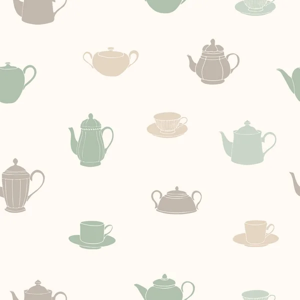 Vector illustration. Tea pots, cups and sugar bowls seamless pattern. Paper background. Fabric print. — Stock Vector