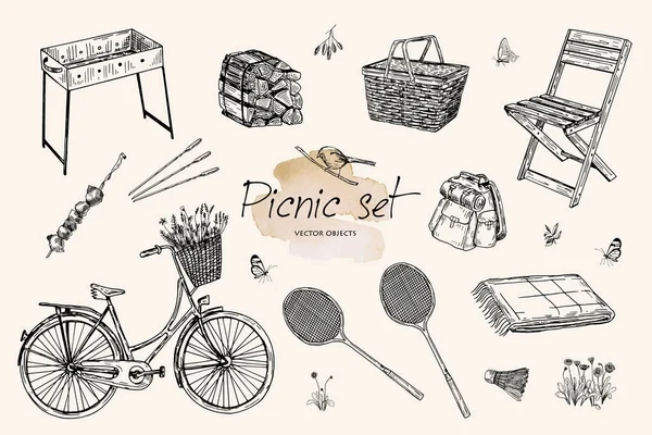 Vektorové ilustrace. Pen styl vektorové objekty. Piknik, rekreace . — Stockový vektor