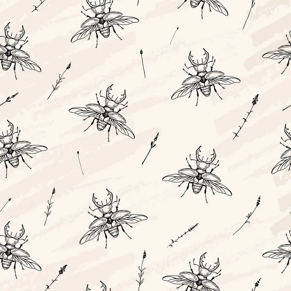 Vector illustration. Beetle seamless pattern on craft paper texture. Pen style vector sketch — Stock Vector