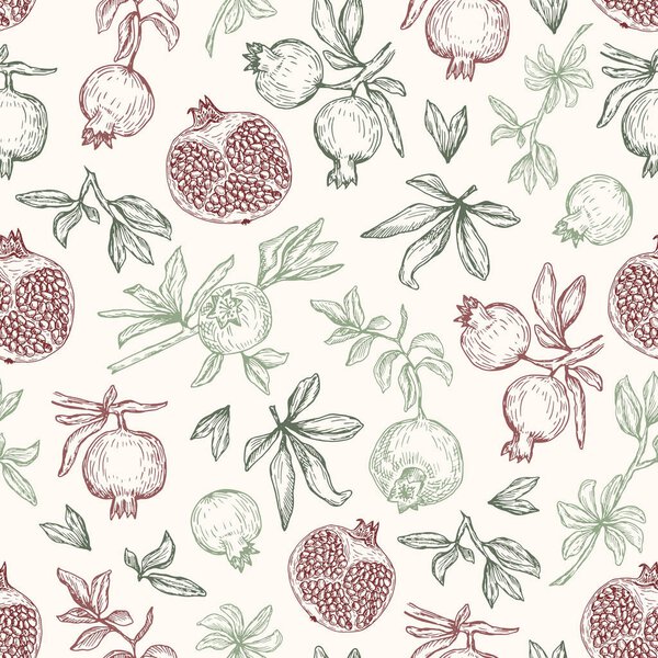 Векторная иллюстрация. Перо стиль вектор бесшовный шаблон. Гранаты, срезанный гранат, ветви и листья
.