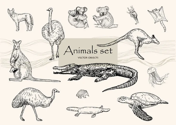 ロゴベクトルの手には、白黒の動物セットが描画されます。ペンのスタイルのベクトル オブジェクト. — ストックベクタ