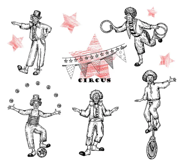 Retro circus prestaties. Schets stile vectorillustratie. Hand getekend imitatie. Clowns instellen. Vectorobjecten. — Stockvector