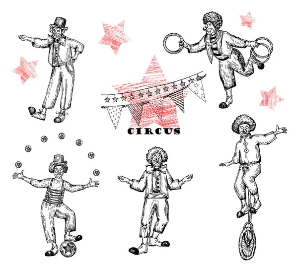 Retro-Zirkusaufführung. Skizze Stilvektorillustration. Handgezeichnete Imitation. Clowns legen los. Vektorobjekte. — Stockvektor