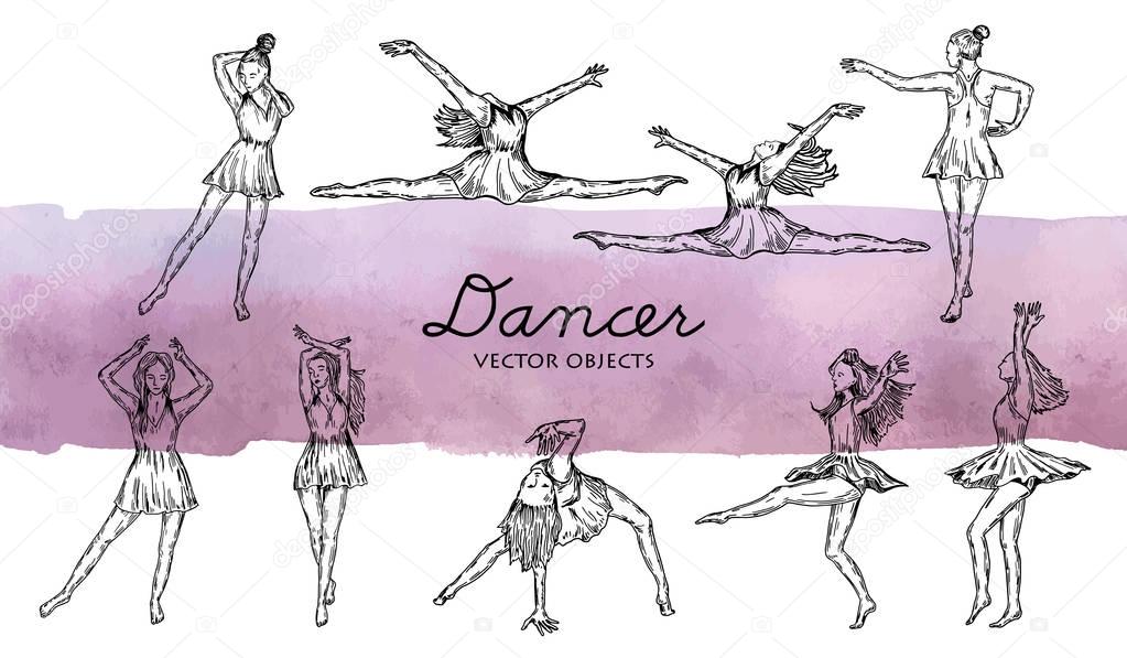 Vector illustration. Rhythmic gymnastics set. Girls gymnasts. Pen style vector sketch.
