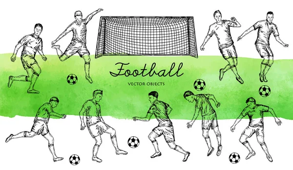 Illustrazione vettoriale. Set vettore disegnato in stile penna. Giocatori di football. Set di oggetti vettoriali . — Vettoriale Stock