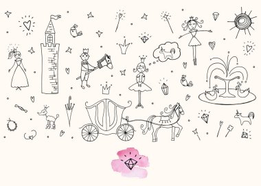 Vektör çizim. Prenses hayat. Vektör hat nesneleri kümesi.