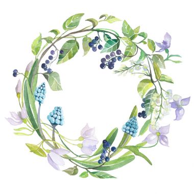 Sulu boya resim. Beyaz arka plan üzerinde çiçek çelenk.