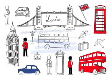 Vektör çizim. Londra yerlerinden. Londra Şehir öğeleri koleksiyonu. Elle çizilmiş kümesiyle Köprüsü, Big Ben, kırmızı otobüs, otomobil, Kraliyet muhafızları, taksi, sokak lambası, bavul ve şemsiye. İngiltere bayrak.