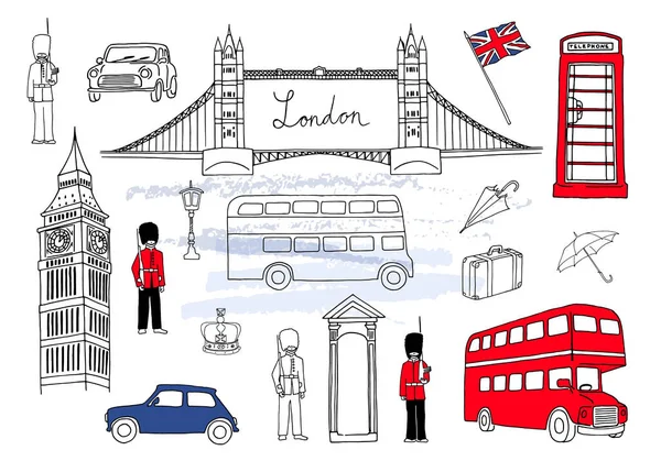 Vector illustration. London landmarks. London city elements collection. Hand drawn set with bridge, Big Ben, red bus, cars, royal guards, cab, streetlight, suitcase and umbrella. UK flag. — Stock Vector