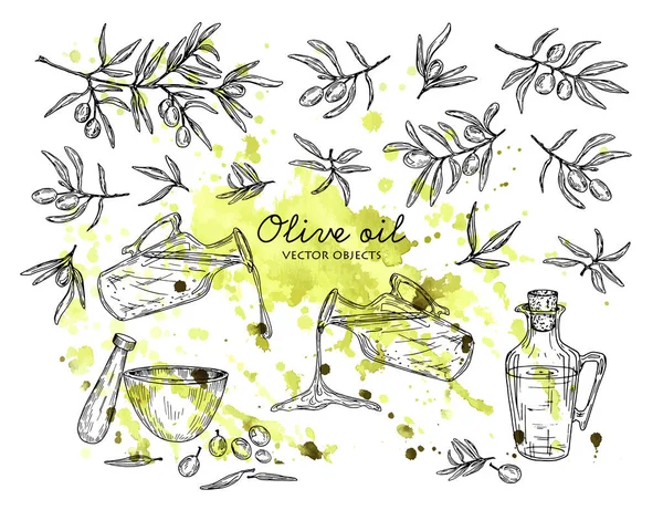 Векторні ілюстрації. Набір оливкової олії та оливок . — стоковий вектор