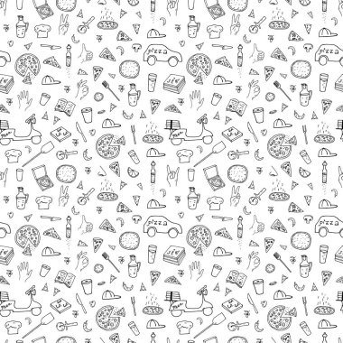 Vektör çizim. Pizza teslimatı. Vektör satır kümesi. Dikişsiz desen unsuru.