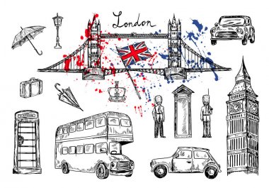 Vektör çizim. Londra yerlerinden. Londra Şehir öğeleri koleksiyonu. Elle çizilmiş kümesiyle Köprüsü, Big Ben, kırmızı otobüs, otomobil, Kraliyet muhafızları, taksi, sokak lambası, bavul ve şemsiye. İngiltere bayrak.