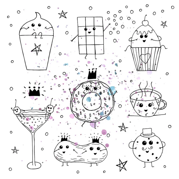 Векторная иллюстрация. Вкуснятина. Кексы, пончики, печенье, мороженое, арахис, шоколадный батончик, газировка и чашка кофе. Смешные элементы дизайна печати . — стоковый вектор