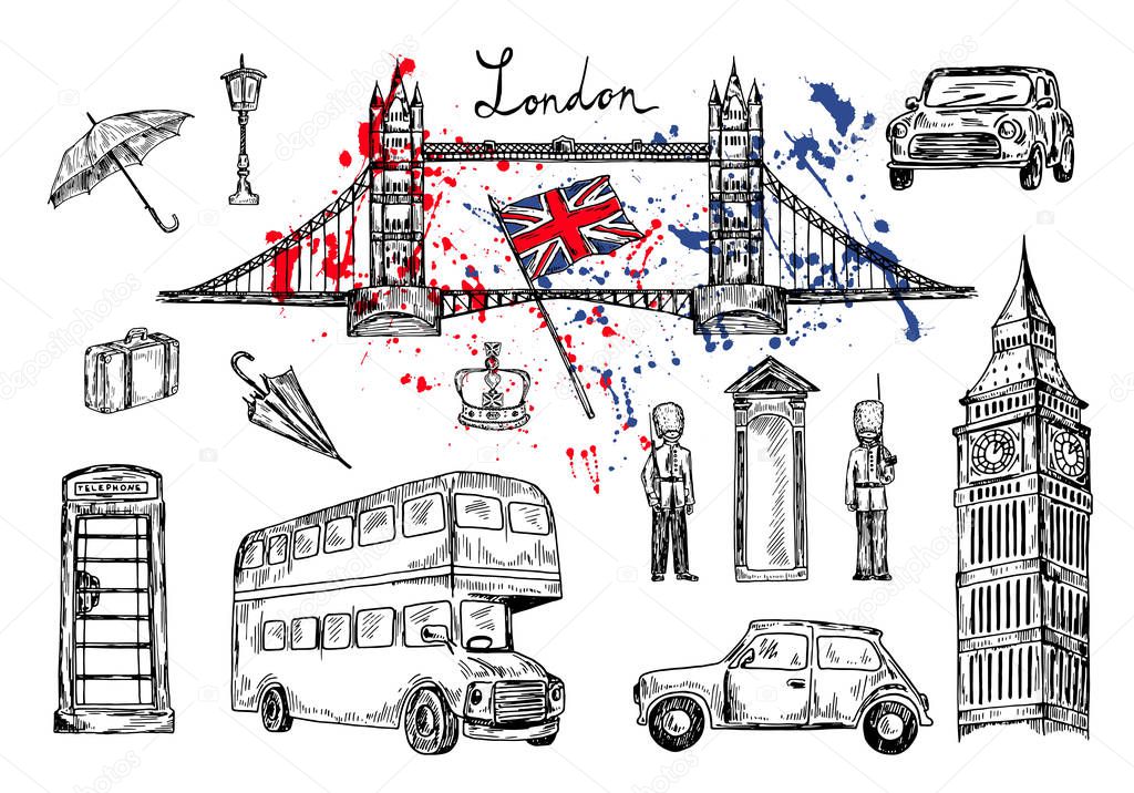 Vector illustration. London landmarks. London city elements collection. Hand drawn set with bridge, Big Ben, red bus, cars, royal guards, cab, streetlight, suitcase and umbrella. UK flag.