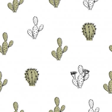 Vektör çizim. Dikişsiz desen unsuru. Kaktüs kalem stilini çizim.