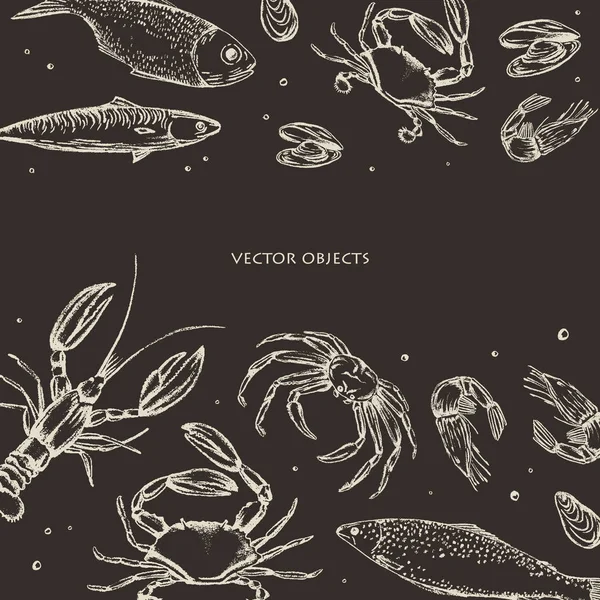 Εικονογράφηση Διάνυσμα Φαγητό Ψάρια Της Θάλασσας Καβούρια Γαρίδες Και Μύδια — Διανυσματικό Αρχείο