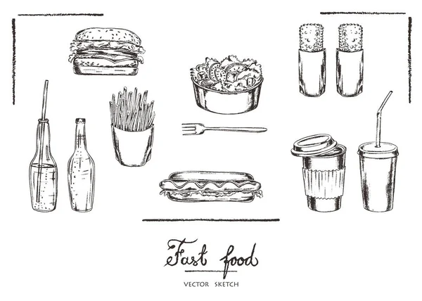 Vectorillustratie. Krijt stijl vector schets. Fastfood instellen: hamburger, friet, hotdog, salade, balletjes, flessen frisdrank en kopje koffie. — Stockvector