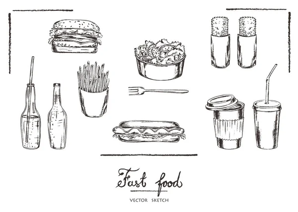 Vektorillustration. Krita stil vektor skiss. Snabbmat som: hamburgare, pommes frites, varmkorv, sallad, pastejer, flaskor läsk och kopp kaffe. — Stock vektor