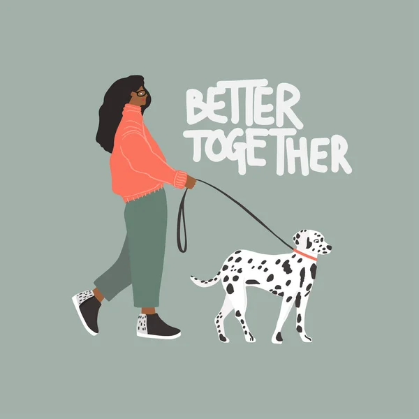 Chica joven con perro dálmata. Aspecto de moda de otoño — Vector de stock