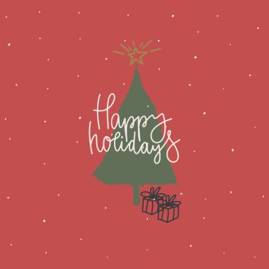 Kapak ya da kartpostal tasarımı. El yazısı: Mutlu tatiller, ringa kemiği, hediye kutusu