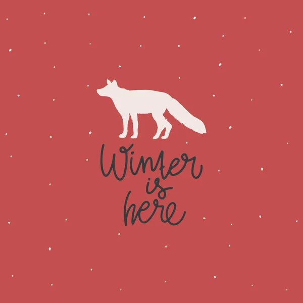 Kapak ya da kartpostal tasarımı. Yeşil çizilmiş metin: Kış geldi, beyaz tilki silueti — Stok Vektör