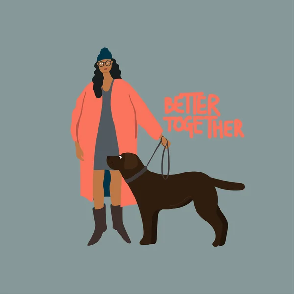 Frau mit schwarzem Labrador-Hund an der Leine. Herbstwanderung — Stockvektor