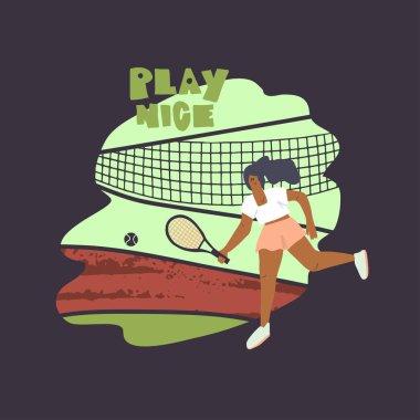 Tenis raketi ve tenis kortunun arka planında topu olan kadın.