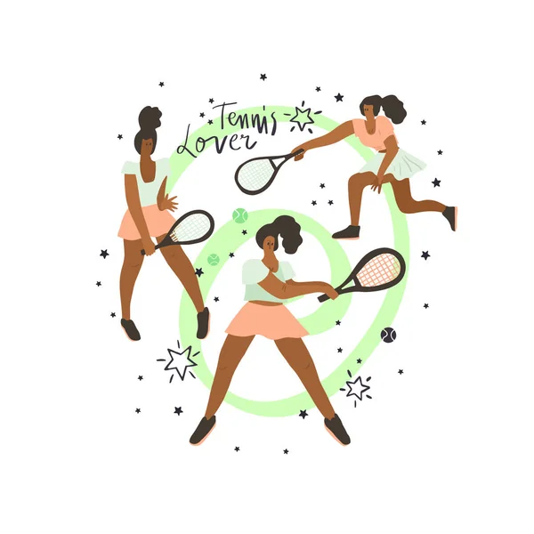 Tennis player girls set. Woman with racket, decoration elements — Stock Vector