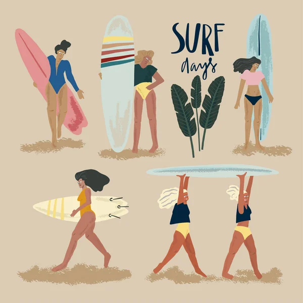 Mujeres con tablas de surf. Gente estilizada. Conjunto de objetos — Archivo Imágenes Vectoriales