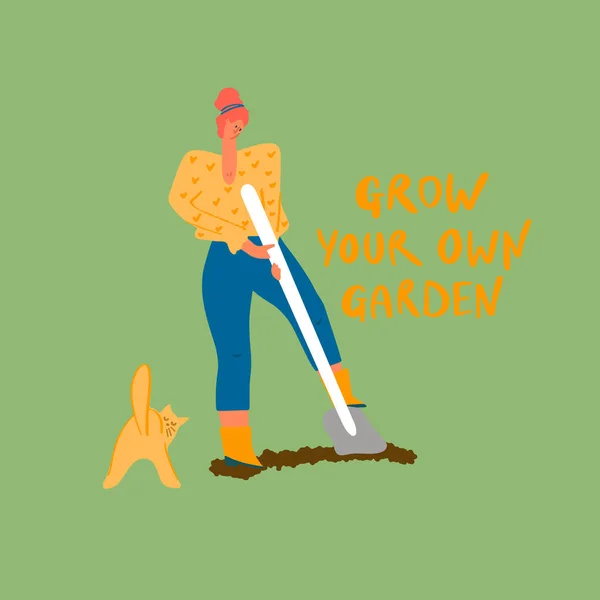 Woman in gum boots with shovel, cat, peace of ground and freehand drawn quote — 스톡 벡터