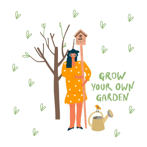 Mujer con pajarera en el jardín. Árbol de primavera, regadera con pájaro — Vector de stock