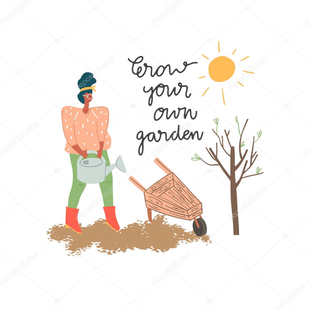 Woman in gum boots with watering can. Sun, wheelbarrow and freehand drawn quote
