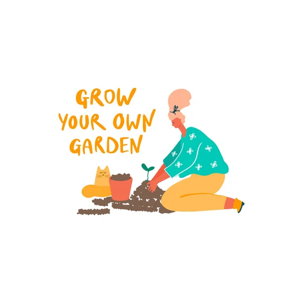 Woman with young plant, pot and cat. Freehand drawn quote: grow your own garden — 스톡 벡터