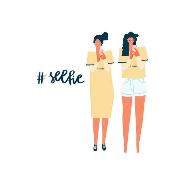 Mujeres con smartphones tomando fotos. Ilustración dibujada a mano y texto: selfie — Vector de stock