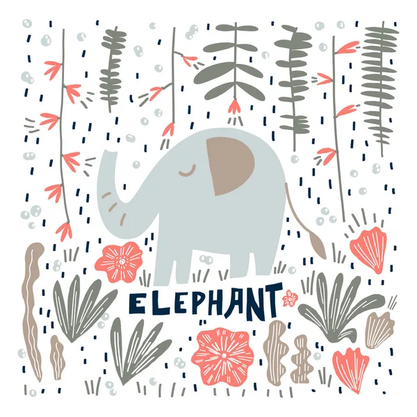 Carino elefante foglie fiori bolle e lettering stile parola: elefante — Vettoriale Stock
