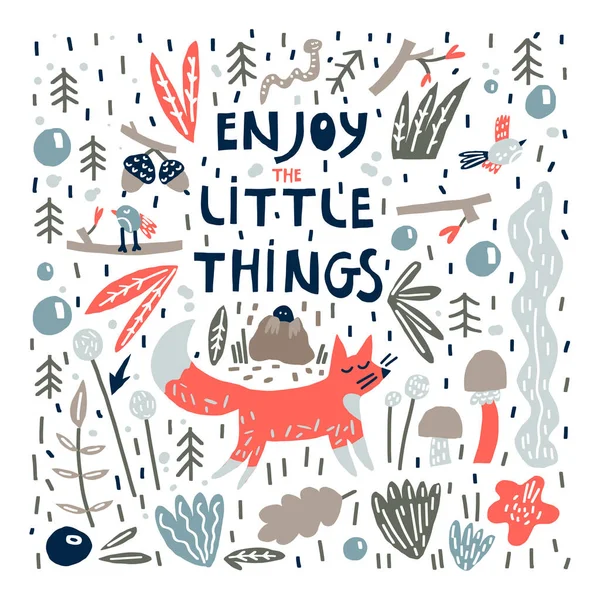 Cute fox and quote: enjoy the little things — 스톡 벡터