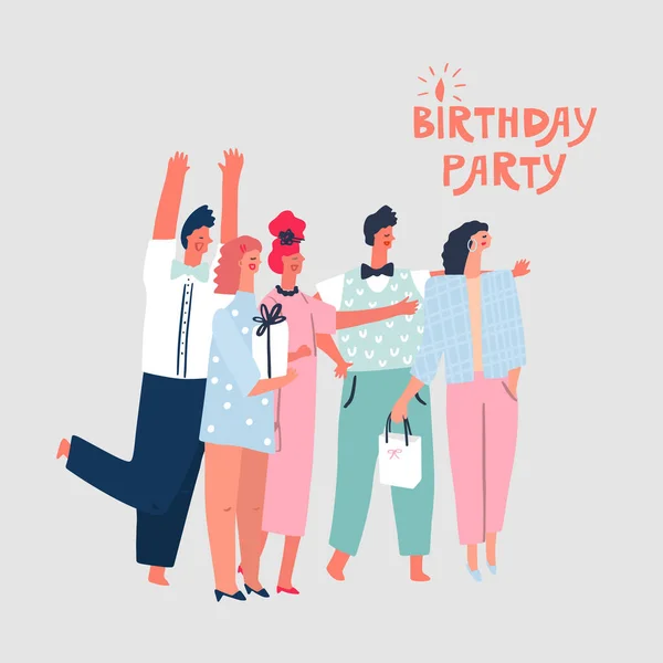 Visiteurs de fête avec cadeaux. Lettrage style phrase : fête d'anniversaire — Image vectorielle