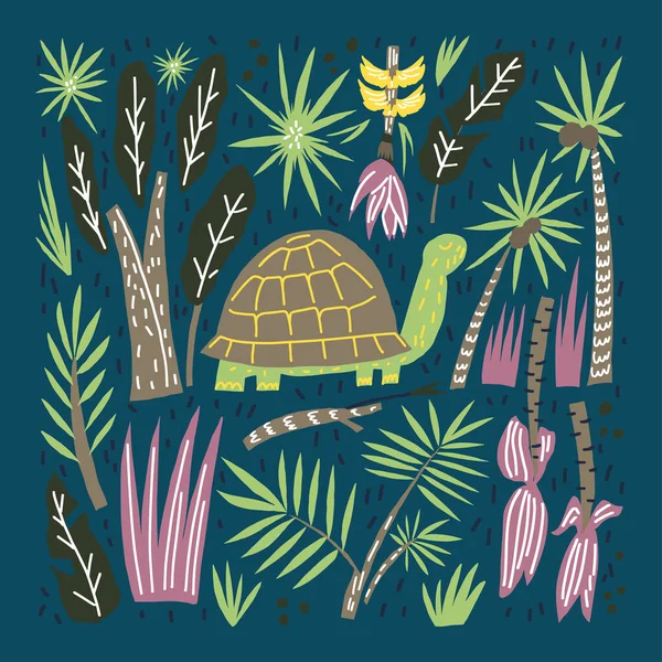 Linda tortuga en la selva. Hojas de palma animal y fruta — Vector de stock