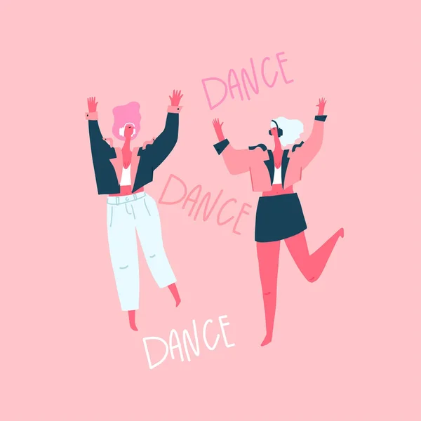 Kulaklıklı Yazısıyla Dans Eden Şık Kızlar Dans Hareket Eden Bir — Stok Vektör