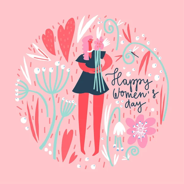 Міжнародний Жіночий День Квіти Листя Композиція Векторні Шаблони Милою Жінкою — стоковий вектор