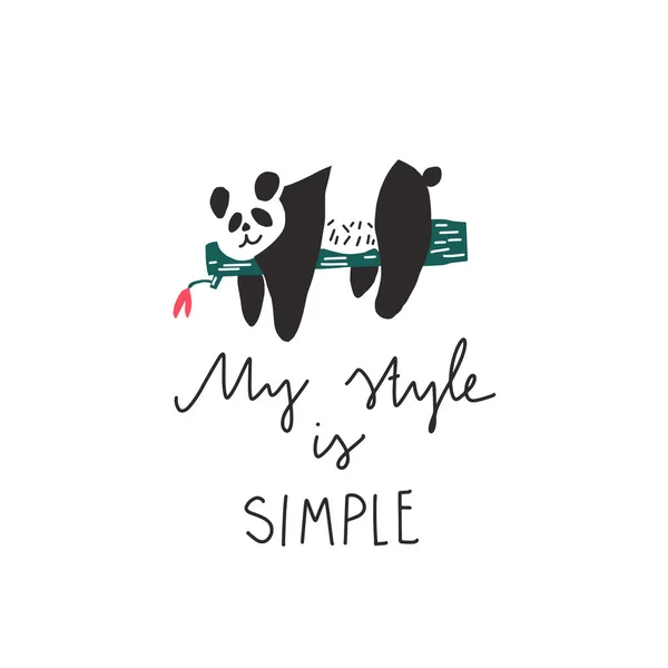 Panda Medvěd Ležel Větvi Volně Kreslil Citát Můj Styl Jednoduchý — Stockový vektor
